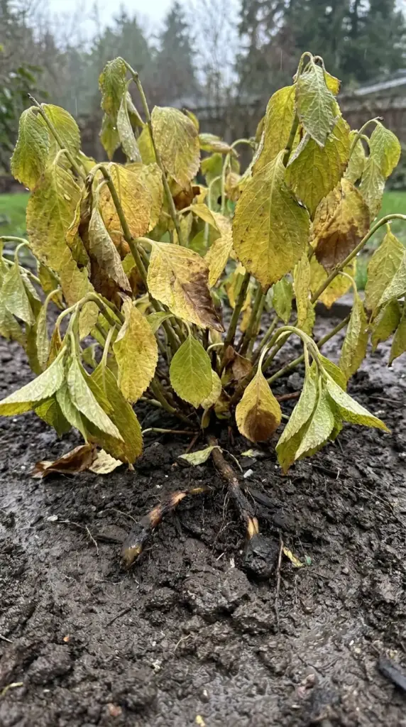 Hydrangea in poorly drained soil with yellow leaves, drooping stems, and root rot stress symptoms