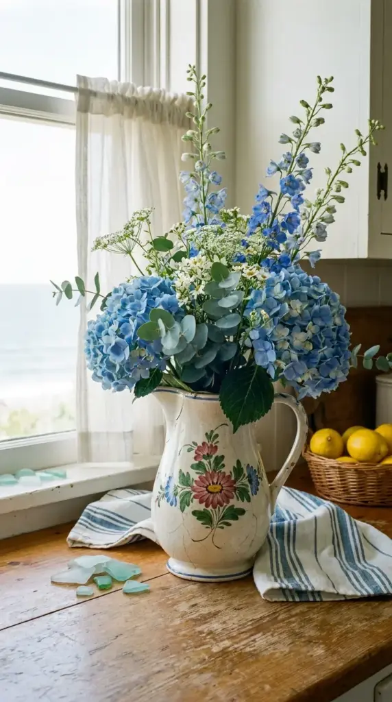 Blue hydrangea pitcher arrangement with baby blue eucalyptus and wildflowers for cottage decor