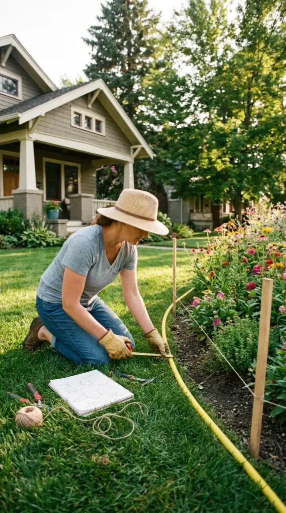 Planning a lawn edging brick layout with string line, hose, and measurements before digging