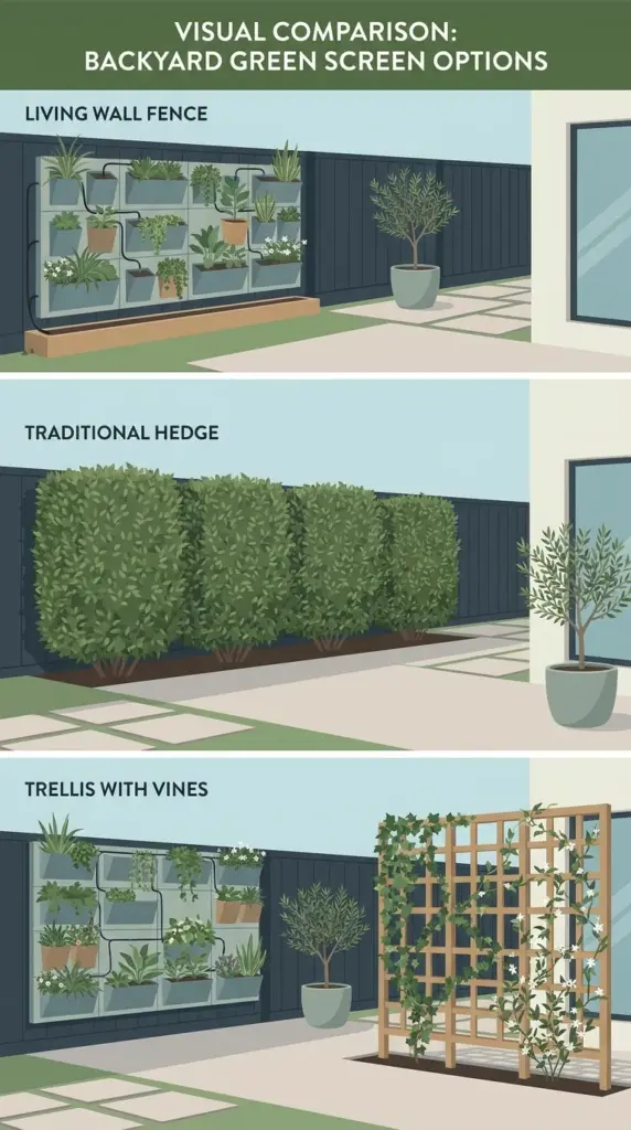 Living wall fence compared with hedge and trellis for vertical garden privacy ideas