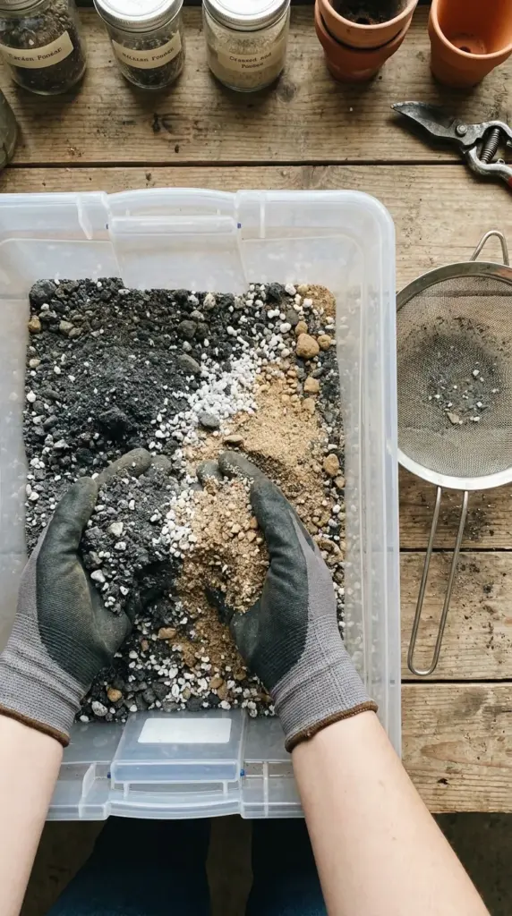 Mixing a fast draining DIY potting soil for succulents using perlite and coarse sand.