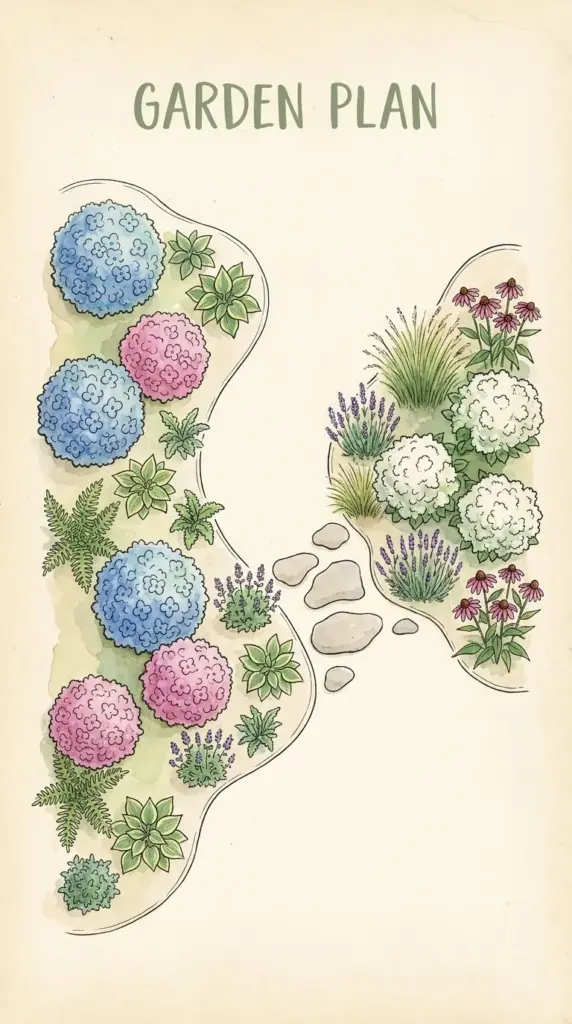 Hydrangea cluster planting layout showing grouped shrubs, curved bed lines, and naturalistic garden design
