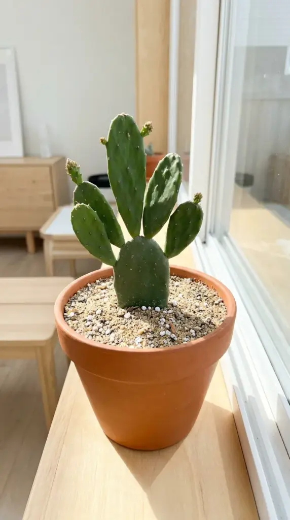 Fast-draining cactus soil mix with perlite and sand in a pot next to a bright window.