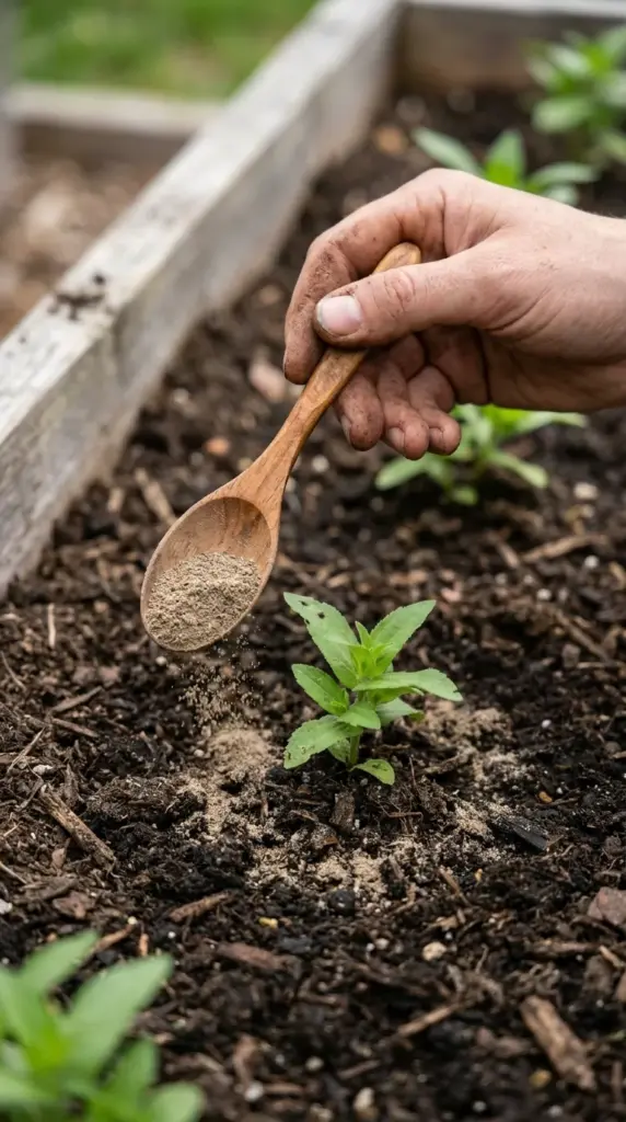 A gardener applying blood meal organic fertilizer around the base of a young zinnia plant.