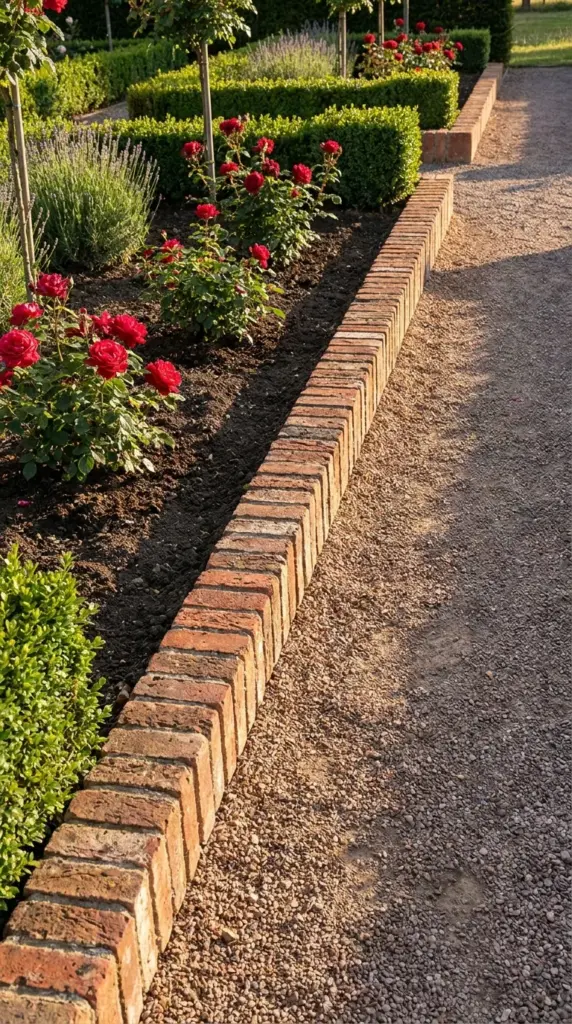 Soldier course brick edging beside a formal rose bed in a traditional English-style garden