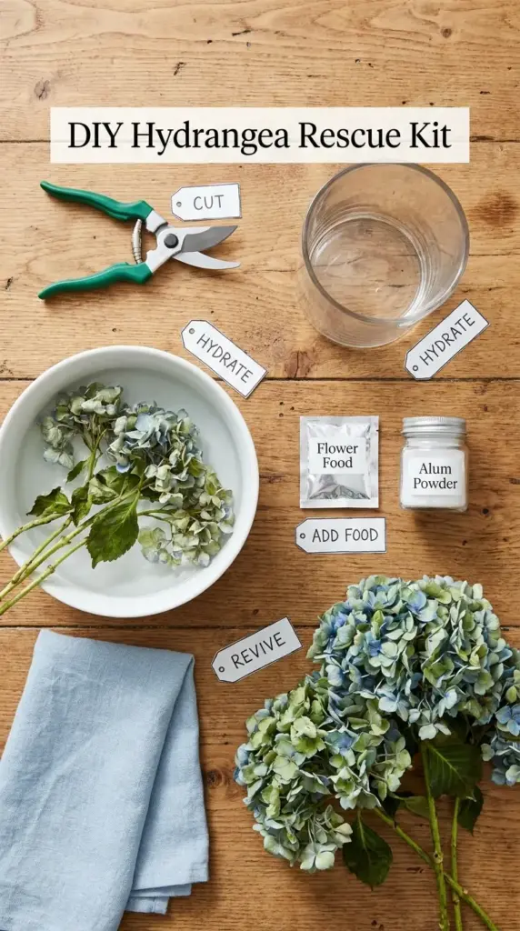 Hydrangea rescue kit with clean vase, floral snips, flower food, alum powder, and water for bouquet revival