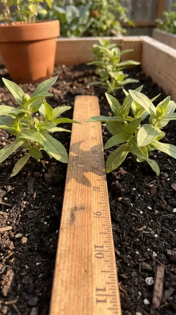 A wooden ruler measuring the perfect eight inch plant spacing between two young zinnia plants.