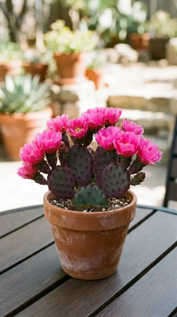 Small Baby Rita prickly pear cactus with neon pink flowers growing in a terracotta pot on a modern patio.