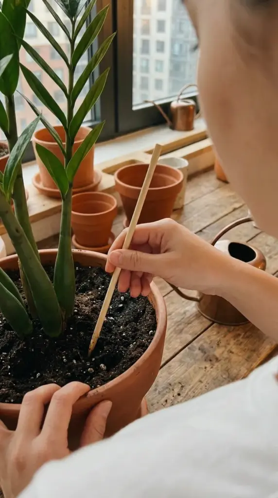 A person using a wooden chopstick to check the soil moisture level of an indoor ZZ plant.