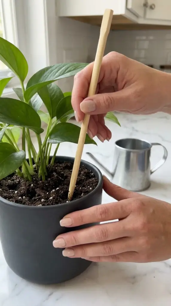 Checking the soil moisture level of a ZZ plant using a wooden stick to prevent overwatering.