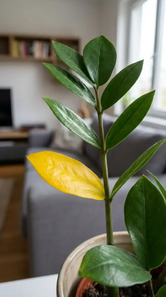 Close up of a yellowing leaf on a ZZ plant stem, an early indicator of overwatering and root rot.
