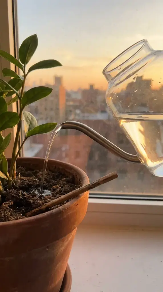 Pouring water from a glass watering can into a terracotta pot with a ZZ plant using the soak and dry method.