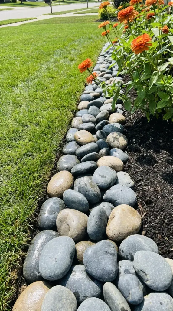 Smooth river rock mosaic garden edging creating a clean transition between a lawn and a zinnia flower bed.
