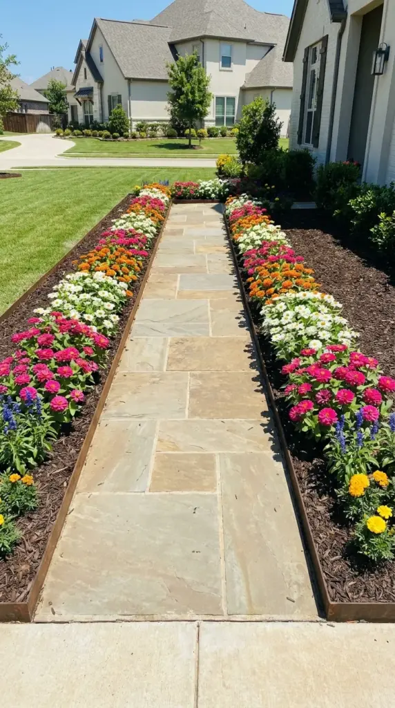Color-blocked zinnia front walk border with repeating drifts for bold curb appeal landscaping