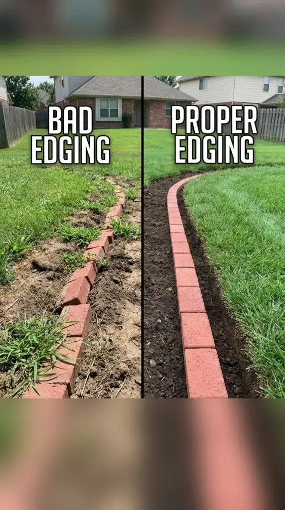 Common brick lawn edging mistakes including shallow trench, uneven bricks, and grass creep
