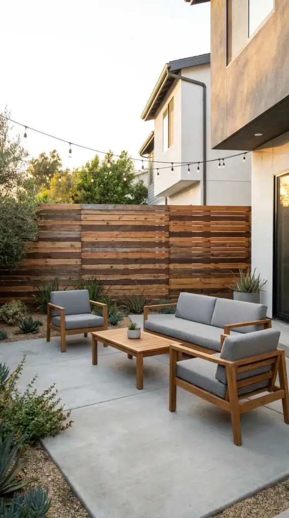 Horizontal reclaimed wood fence with pallet boards for modern backyard privacy