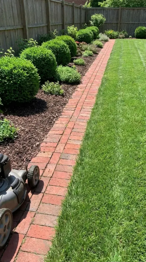 Double-row brick mowing strip border for low-maintenance flower bed edging and less trimming