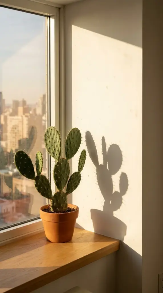 Prickly pear cactus receiving direct sunlight on a sunny south facing window sill.