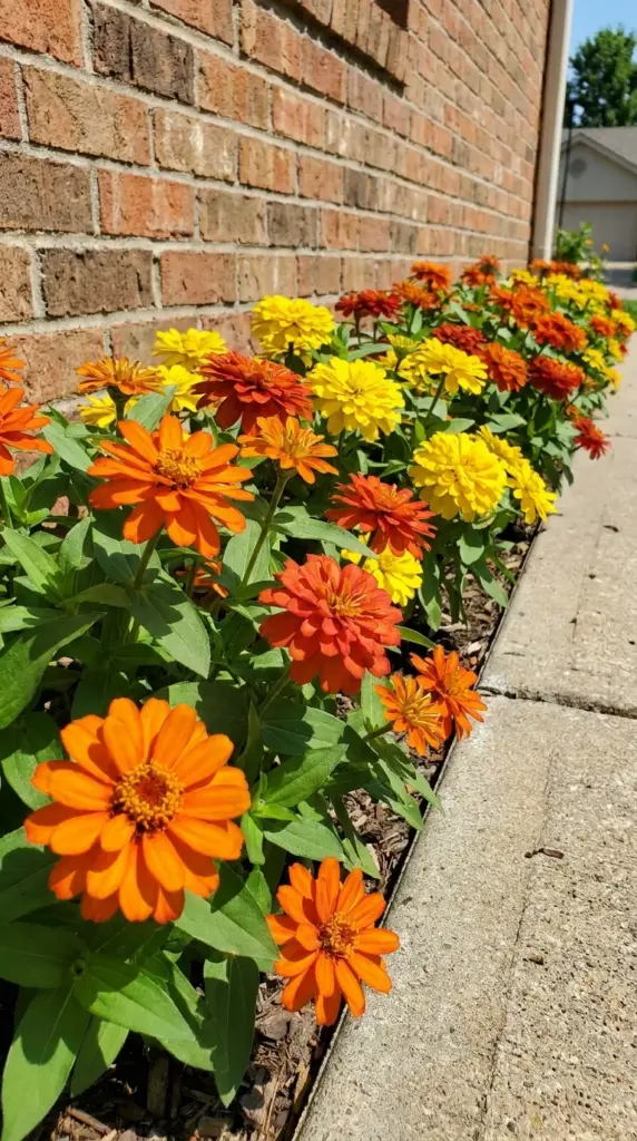Disease-resistant Zahara zinnias blooming brightly against a warm brick wall in full sun.