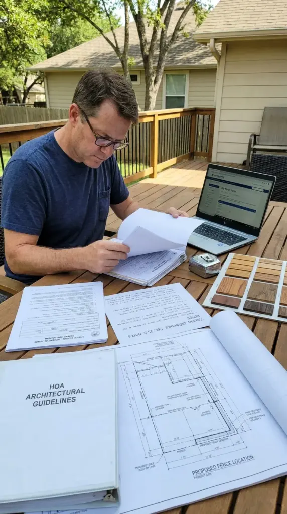 Fence permit, zoning rules, and HOA fence approval documents for a code-compliant budget fence