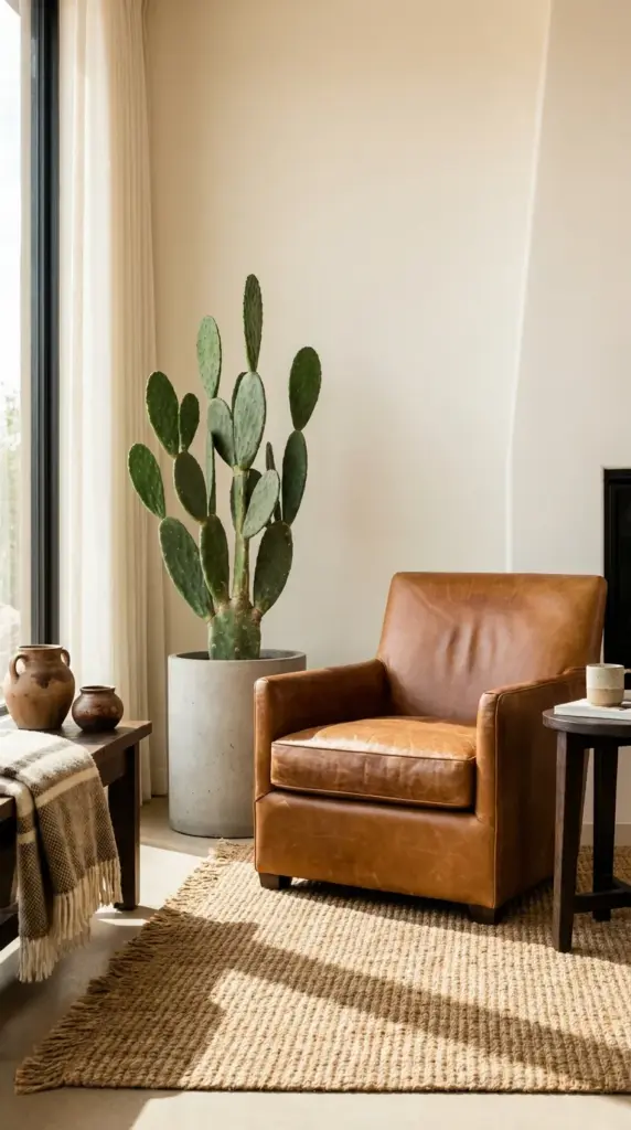 Floor standing prickly pear cactus next to a cognac leather accent chair in a living room.