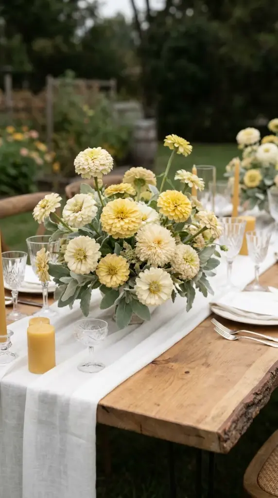 Creamy white Benary's Giant zinnias arranged for a romantic backyard event.