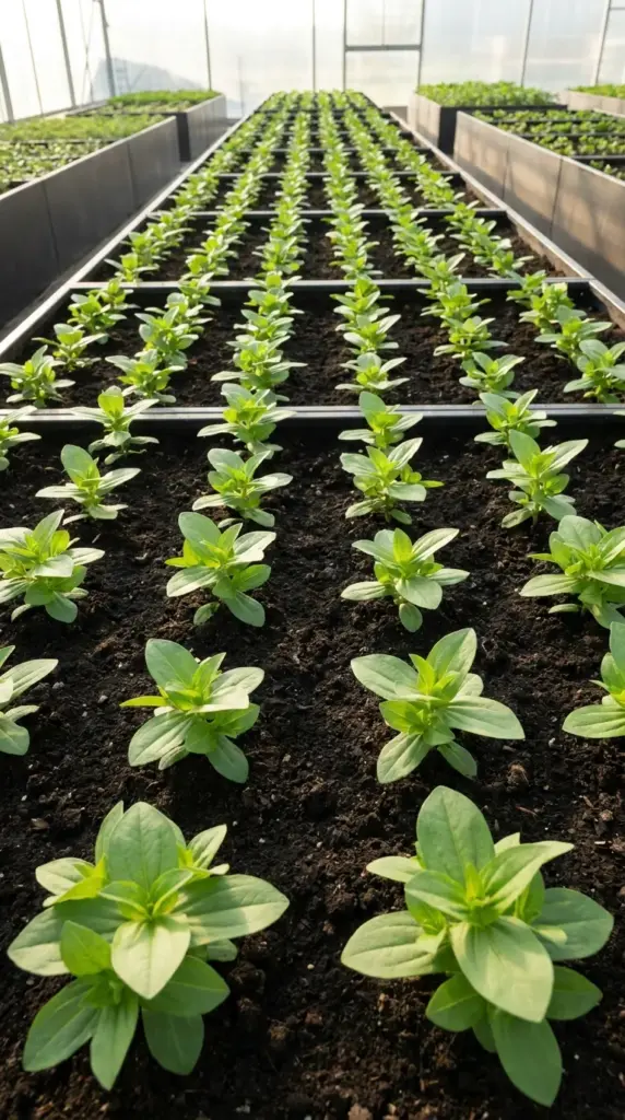 Properly spaced zinnia seedlings in a backyard garden bed showing optimal airflow layout.