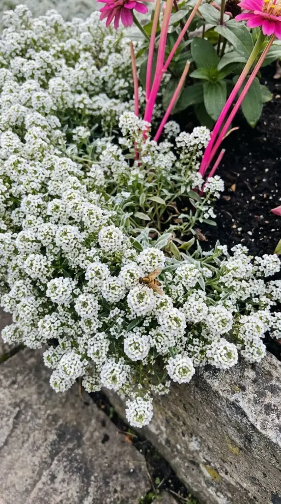 A thick living mulch carpet of white sweet alyssum blooming beneath bright pink zinnia flowers.