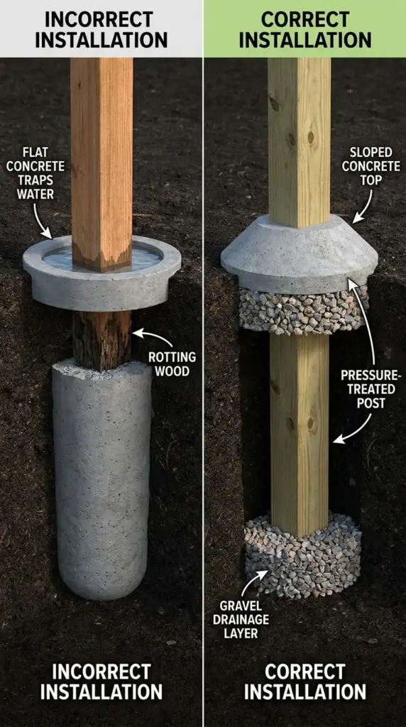 Fence post drainage comparison showing concrete post setting mistake versus proper gravel and sloped concrete installation