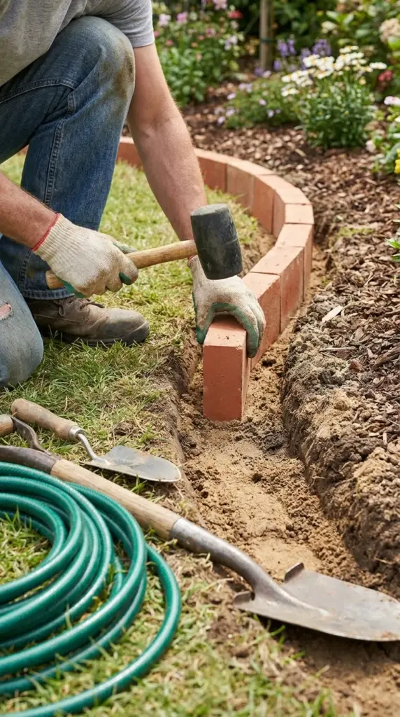 No-specialized-tools method for installing curved brick edging with basic hand tools