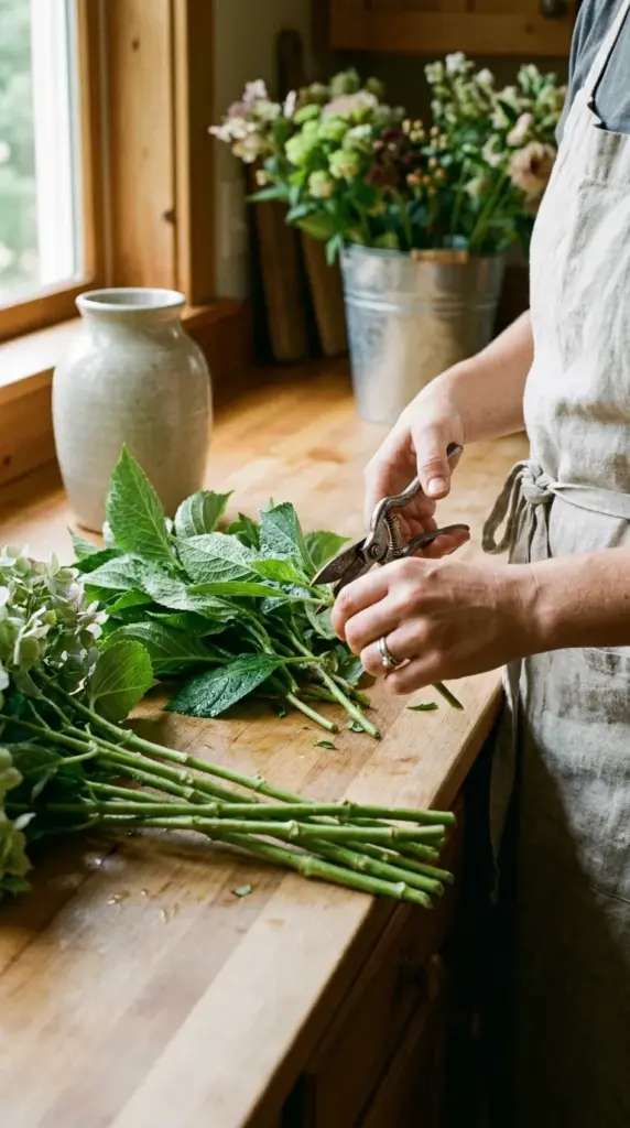 Cleaning hydrangea stems and removing extra leaves to create a polished premium looking bouquet