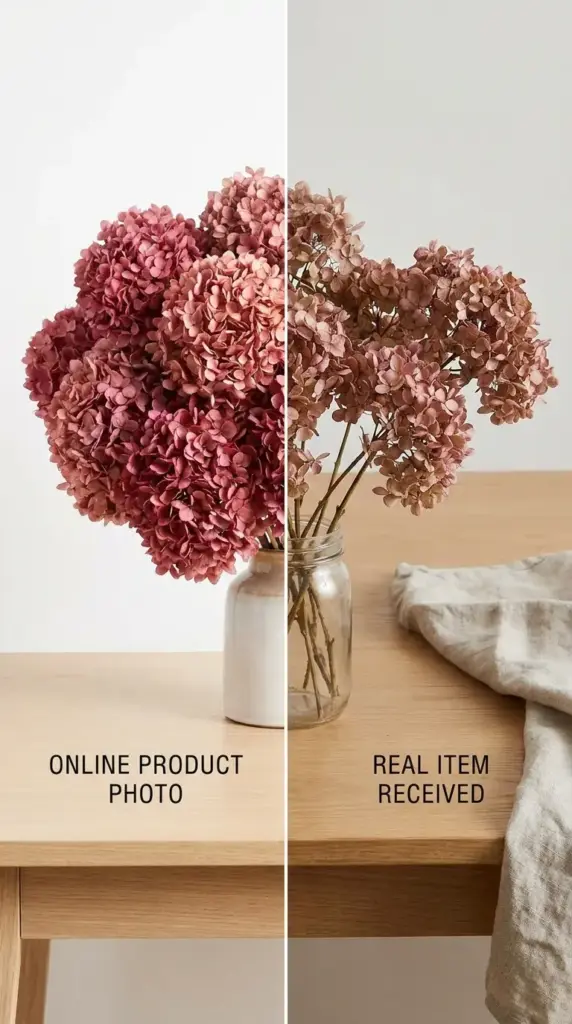 dried hydrangea bouquet online listing versus real product photo comparison with color and size differences