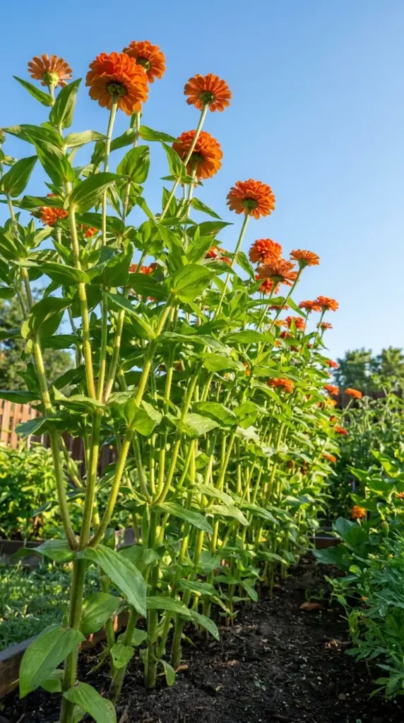 Healthy and disease-resistant giant zinnia flower stems standing upright in full sun.