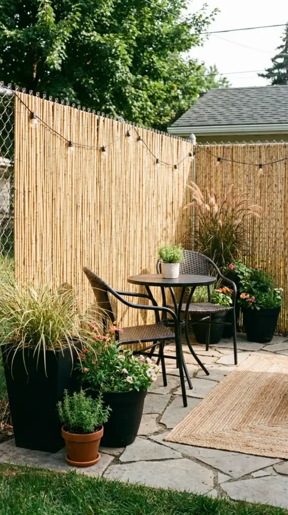 bamboo fencing wrapped over an existing fence for fast patio privacy on a budget