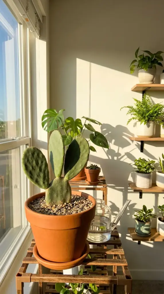 Potted indoor prickly pear cactus receiving bright light on a shelf with dry, gritty soil.