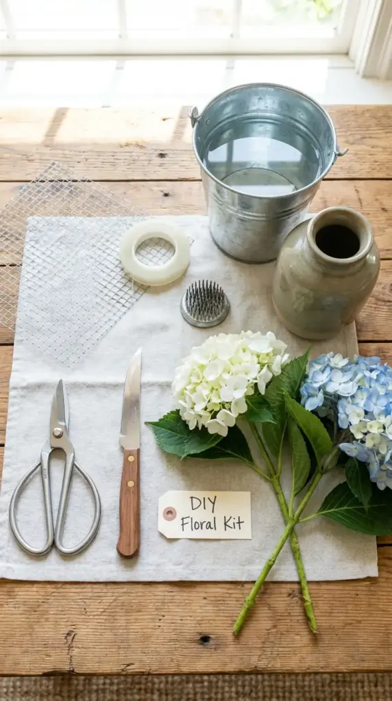 supplies for building a hydrangea bouquet without floral foam
