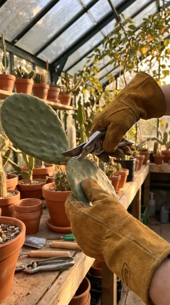 A gardener using pruning shears and leather gloves to cut a healthy pad from a prickly pear cactus.