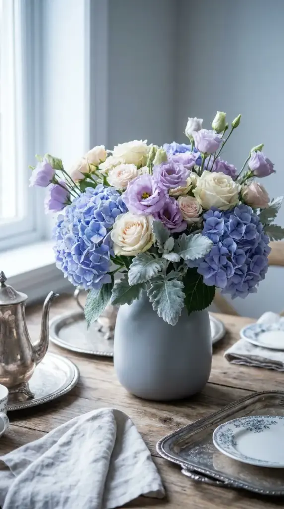 Lavender hydrangea bouquet with periwinkle, lilac, and silver tones for spring brunch and soft floral decor