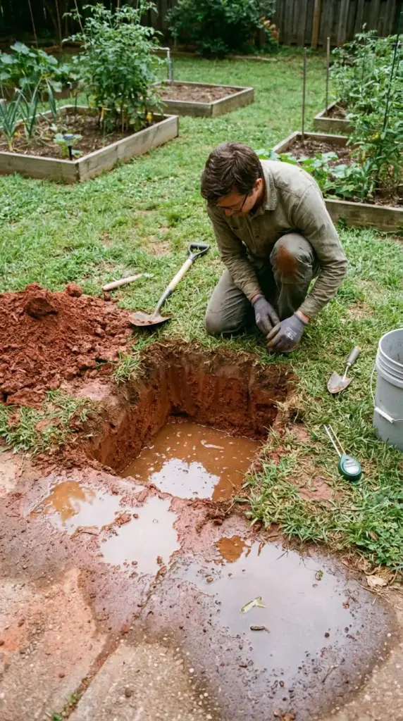 Soil drainage test for hydrangeas using a water-filled hole in heavy clay soil