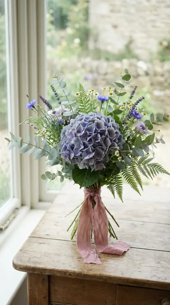 Loose hand-tied bouquet with hydrangea, eucalyptus, and wildflowers in a romantic garden style