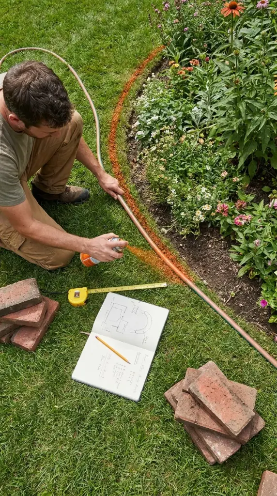 Planning a DIY brick border with hose layout, spray paint, and measuring tools for accurate garden edging