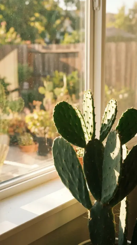 Prickly pear cactus thriving in bright indirect light on a south facing window sill.