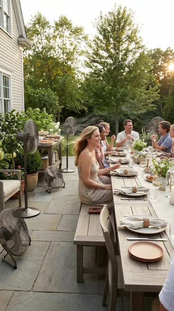 Outdoor fans for mosquito control at a backyard BBQ dining table and patio seating area