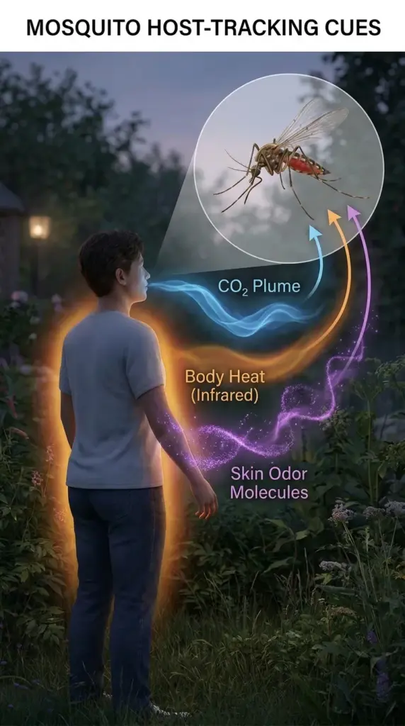 How mosquitoes find people through carbon dioxide body heat and skin odor instead of laundry scents