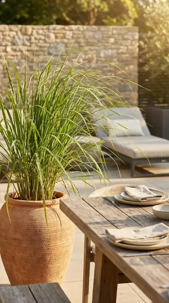 Lemongrass mosquito repellent plant in a patio container near outdoor seating