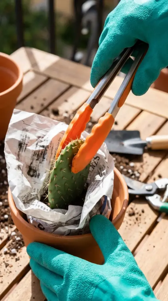 Heavy-duty rubber gloves and kitchen tongs being used to safely plant a prickly pear cactus pad without touching the spines.