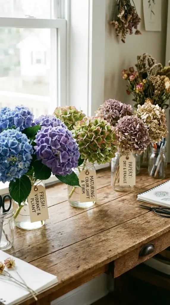 Best time to dry hydrangeas based on bloom maturity and bouquet condition