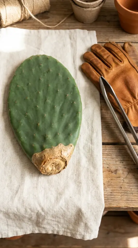 A calloused prickly pear cactus pad cutting prepared for soil propagation on a potting bench.