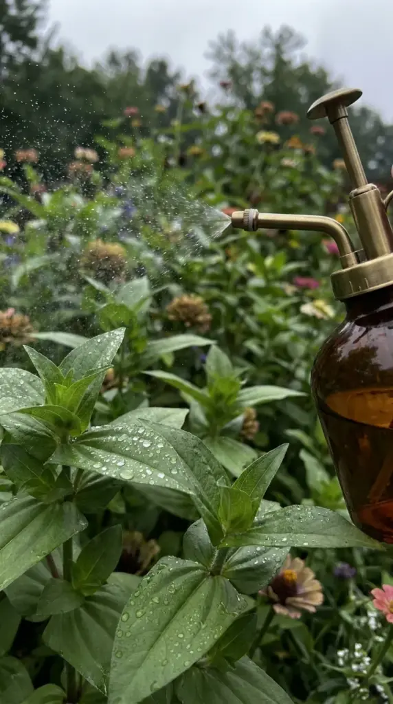 Liquid fish emulsion foliar spray misting vibrant green zinnia leaves for quick nutrient absorption.