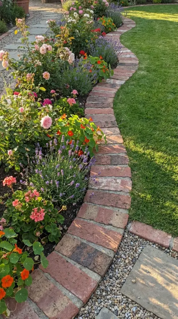 Running bond brick border for flower beds and paths in a traditional English garden